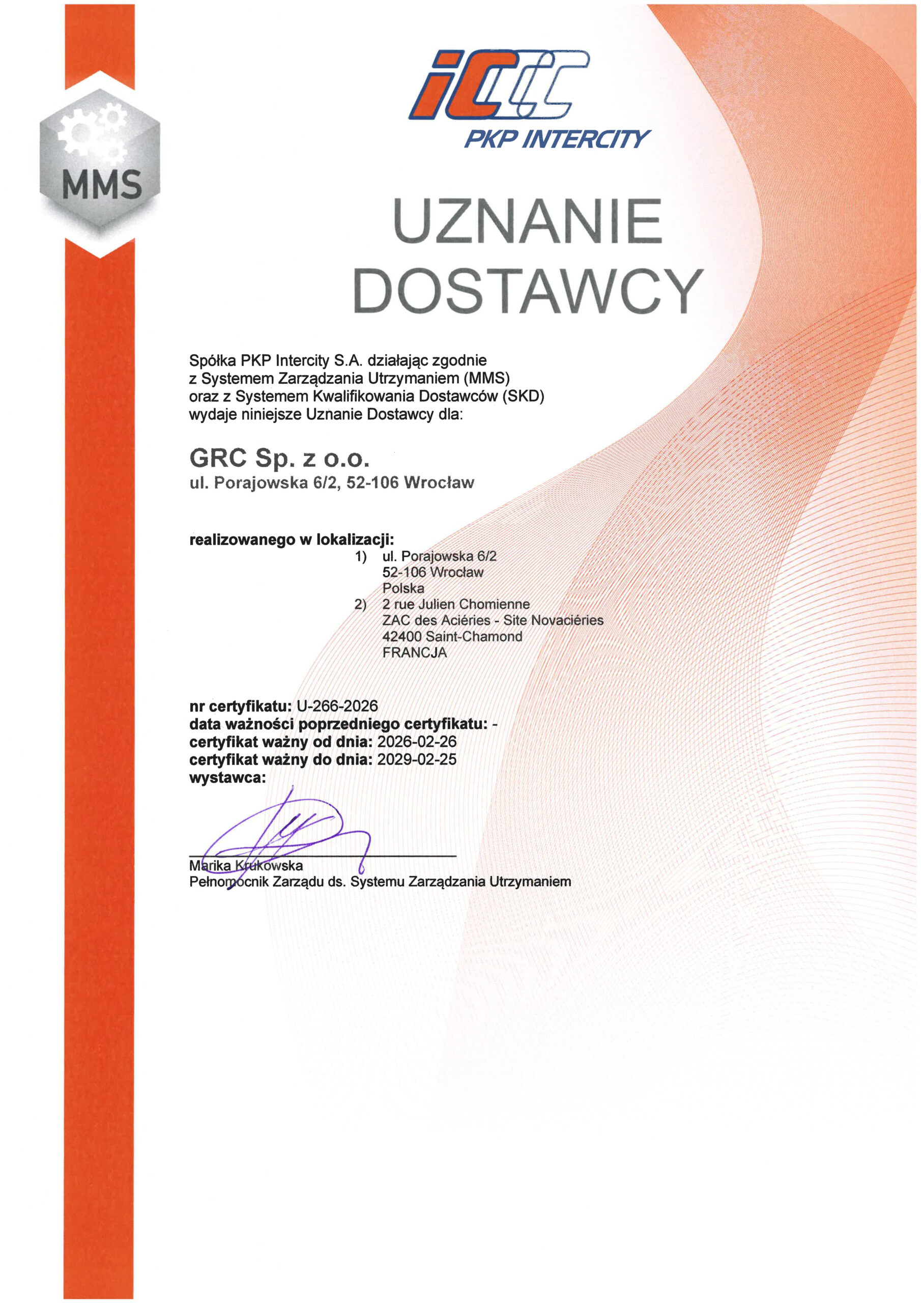 GRC z uznaniem dostawcy PKP Intercity – rozwój kompetencji w projektach dla branży kolejowej